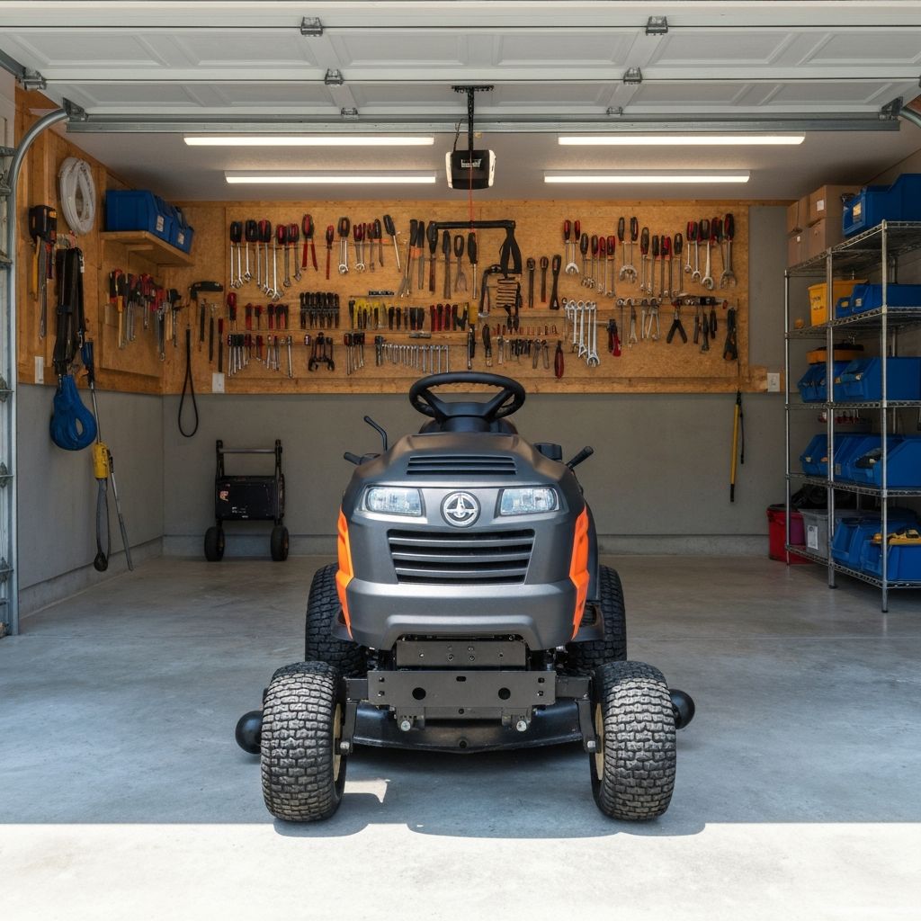 Lawn mower blade being sharpened on bench grinder in warm-lit garage