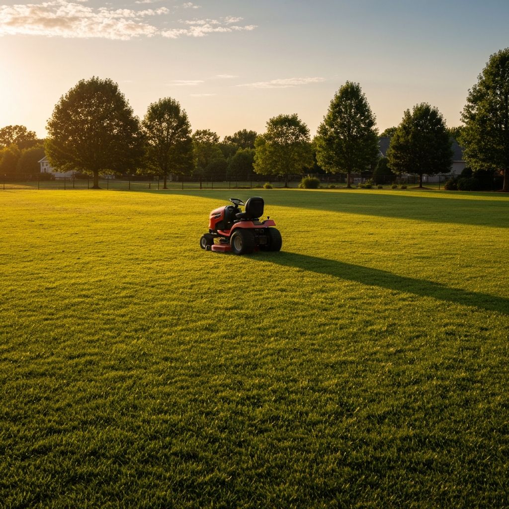 Residential riding lawn mower maintenance on suburban lawn at golden hour
