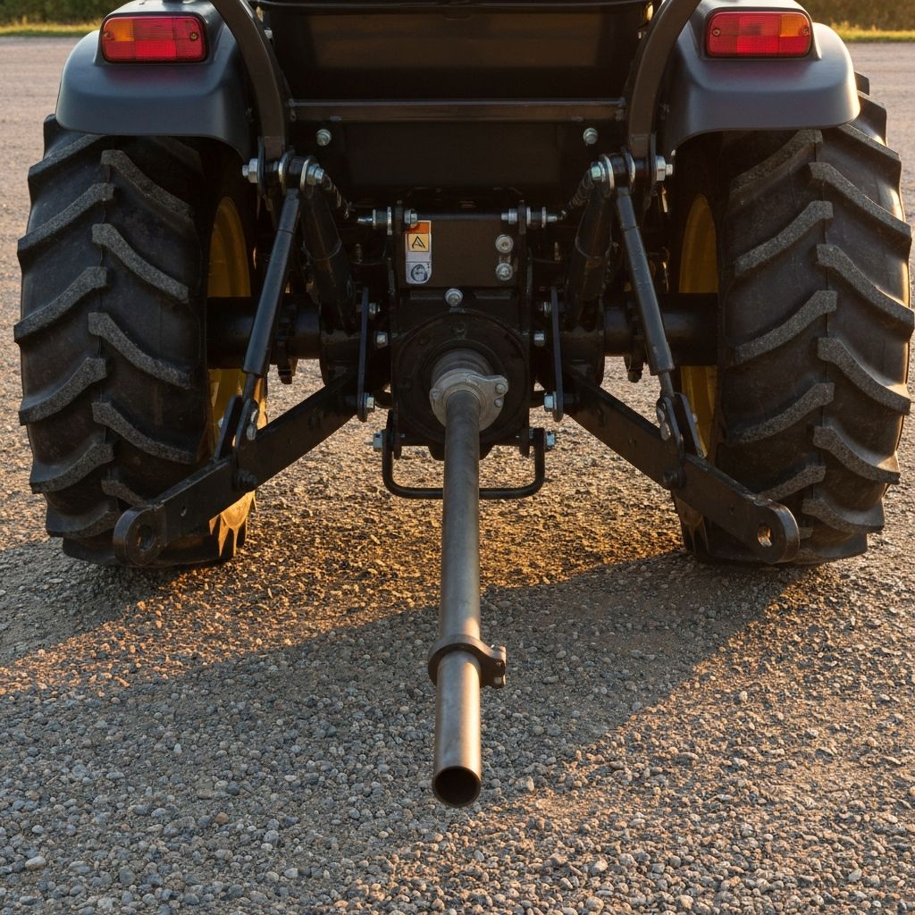 Rear view of compact tractor showing 3-point hitch and PTO shaft connected to implement